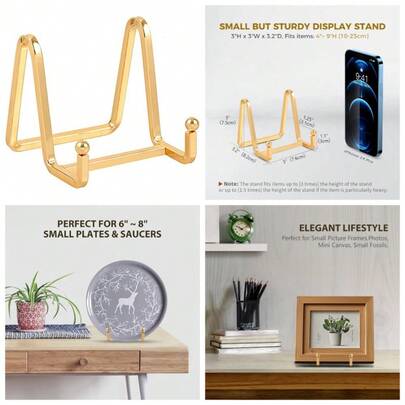 Metal Plate Display Stand 3 Inch Gold Tabletop Easel For Pictures Photos Frames Books Plaques Decorative Plate Holder