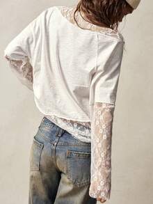 Womens Lace Splicing Mesh Top Long Sleeve One Shoulder Solid Color Lace Trim Vintage Shirt Stylish Chic Boho Party Club Top Blouse  For Vacation Outfits Holiday Outfits Going Out Outftis - trắng - Xem 5
