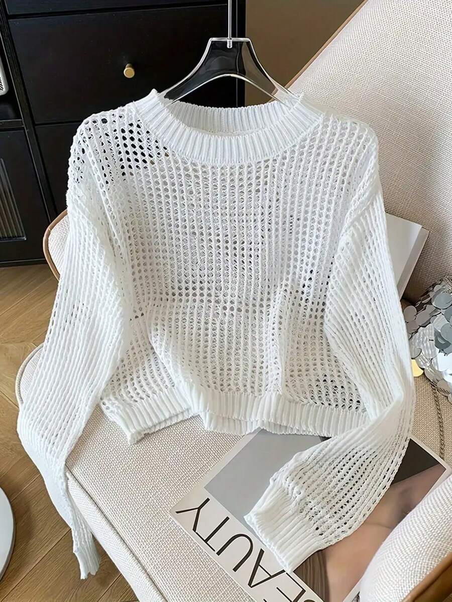 休闲宽松镂空针织短款上衣，长袖毛衣 - 白色 - 查看 1