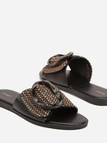 Boho Woven Slides Women's Summer Beach Sandals Casual Flat Shoes - Black - View 6