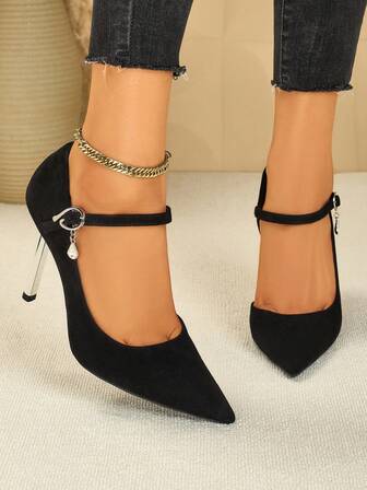 SVRM Women's Pointed Toe Faux Suede Metal Buckle Faux Pearl Decor Slingback Pumps, Sexy & Elegant For Office Commute