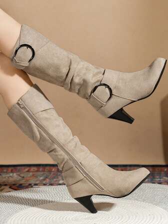 Women's New Autumn/Winter Over-The-Knee Boots, Mid-Calf Boots, High Heel Fashion Boots With Belt Buckle Decor, Chunky Heel Sexy Pointed Toe Boots