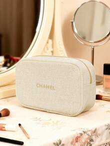 CHANEL Materiel, Makeup Bag, Christmas Beige Fabric Makeup Pouch With Gold Embroidered Logo, Zippered Travel Cosmetic Bag, Secure Zipper Closure - Platinum - View 2