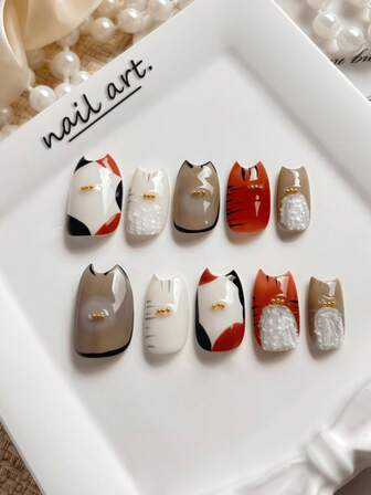 10 Pieces Of Handmade Press-On Nails, False Nails, Cute Simple Style, Cute Cat Pattern, Contrasting Color Design, Short Press-On Nails, Flower Pattern, Cute Nails, Oval Press-On Nails, High-End Quality, Suitable For Daily Or Festive Wear, Can Be Given As Gifts.