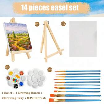14件套绘画套装及画笔套装（1块画板+1个画架+10支画笔）：18厘米 x 24厘米（7.1英寸 x 9.4英寸）白色空白迷你画布，配有木制画架和画笔，适用于绘画、DIY和绘画练习，可用于小型画布艺术创作，白色空白画布