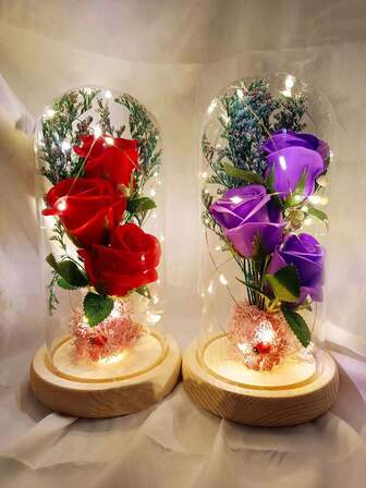 母亲节/妇女节高级礼盒，3支人造香皂玫瑰，玻璃花瓶，手工艺术礼品，情人节礼物，2支红玫瑰象征永恒的爱，婚礼装饰，送给女友/妻子的生日礼物，彩色发光装饰（不含电池）