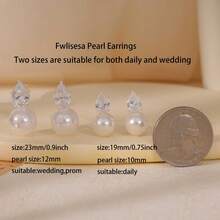 Women's Silver Pearl Earrings, Delicate Cubic Zirconia Pearl Stud Earrings, Low Allergy, Formal Occasion Bridal Pearl Earrings, Women's Wedding Silver Jewelry - Silver - View 5