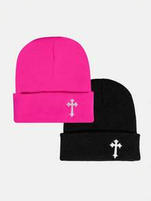 2顶男士街头风十字绣针织帽，Y2K风格冬季装备 - 彩色 - 查看 21