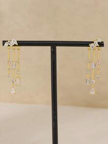 14k Gold Plated Women's Pendant Earrings, Long 14k Gold Plated Earrings, Minimalist Drop Earrings, Elegant Water Drop Earrings, Cute Jewelry - Gold - View 5
