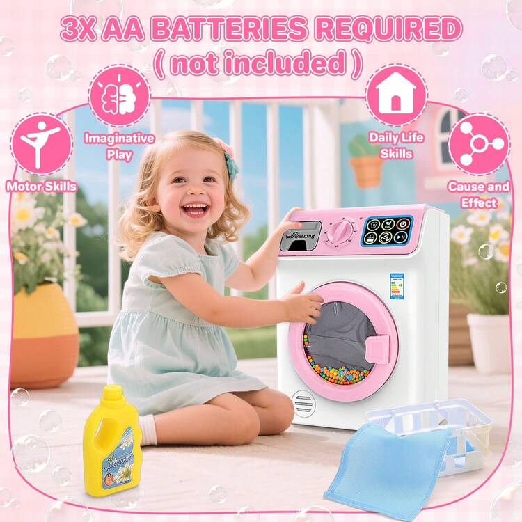 Kids Washing Machine Toy Set Pretend Play Household Toy Set - 粉色 - 查看 3