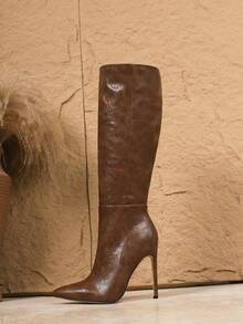 秋冬季女士纯棕色尖头细高跟过膝长靴，性感时尚，适合圣诞派对装扮，高跟鞋 - 棕色 - 查看 6