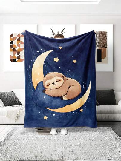 1pc Sloth Print Blanket - Cute Sloth Curled Up On The Moon Against A Deep Blue Background, Surrounded By Stars And Clouds - Soft Flannel, Lightweight And Suitable For All Seasons, Great For Sofa, Bed, Beach, Camping, Ideal For Halloween And Birthday Gifts, Machine Washable.