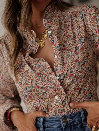 Polyester Allover Print Button Pleated Hem Women Shirt, Suitable For Daily, Date, Travel, Spring/Summer