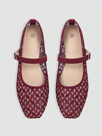 ADAMUMU Women's Fashion Square Toe Casual Party Office Buckle Breathable Woven Hollow Mesh Comfortable Slip-On Flat Shoes, Wine Red