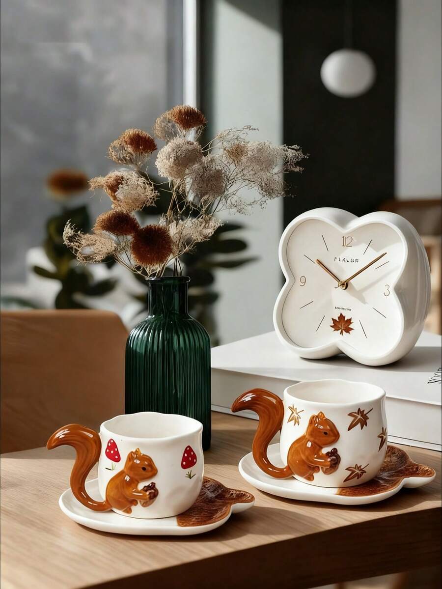 1 Set kreative Eichhörnchenschwanz-Griff, geprägtes Eichhörnchen & Ahornblatt handbemalte Keramik Kaffeetasse, Milchtasse, Frühstückstasse - Verschiedenfarbig - Übersicht 1