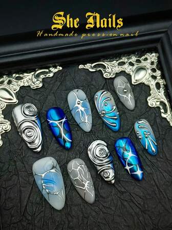 10pcs Acrylic Nail Art Set, Cute Baroque Gothic Punk Rock Western Style DIY Nail Tips For Men, Shiny Metallic Medium Almond Shaped Handmade Press-On Nails, Blue & Silver Nails, Hand-Painted Wavy Hexagram Moon Star Totem Circle 3D Silver Beads, Suitable For Cool & Stylish Men & Women, Fit For Party Or Daily Wear, Comes With Gel Pads, Nail File And Nail Care Tools.