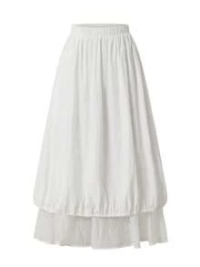 白色高腰层叠中长裙，优雅飘逸A字裙，女士 - 白色 - 查看 1