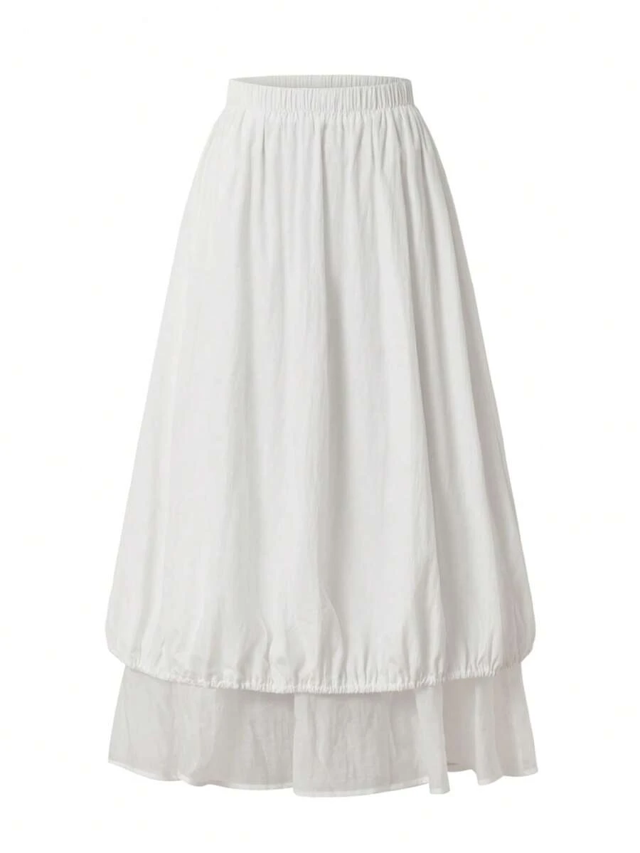 白色高腰层叠中长裙，优雅飘逸A字裙，女士 - 白色 - 查看 1
