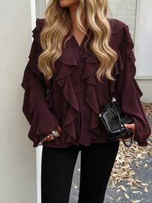 Stylish Solid Color Front Button Pleated Ruffle Hem Long Sleeve Top For Women Women's Elegant V-Neck Long Ruffle Sleeve Button Front Top - Burgundy - View 6