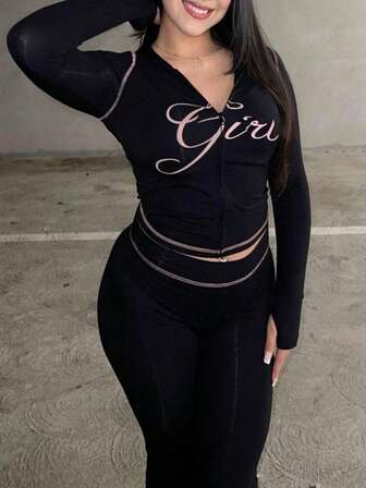 Women's Autumn Long Sleeve Hooded Sweatshirt Set, Zip Design, "Girl" Letter Print, Comfortable Sweatpants, Suitable For Travel And Outdoor, Autumn Casual Outfit