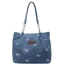 Bolso de hombro vaquero con lazo para mujer, moderno bolso de lona con cremallera para viajes diarios. - Azul - Ver 6