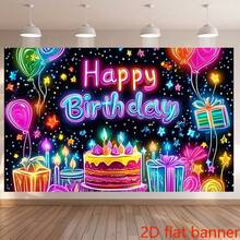 2D Flat Banner - Attractive Birthday Party Banner With Colorful Neon Lights, Balloons And Star Designs, With A Durable Polyester Backing - 1 - View 2