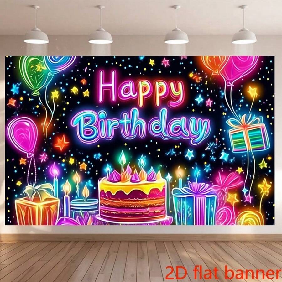 2D Flat Banner - Attractive Birthday Party Banner With Colorful Neon Lights, Balloons And Star Designs, With A Durable Polyester Backing