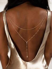 1pc New Style Double-Layer Rhinestone Pendant Back Chain, Simple Bridal Dress Body Chain Accessory - Gold - View 7