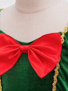 Young Girls' Puff Sleeve Printed Mesh Bow Velvet Elegant Party Dress, Suitable For Christmas Party, Family Gathering, Without Headband - Dark Green - View 8