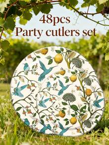 48/24 Pcs Set, Disposable Tableware, Floral & Bird Themed Disposable Paper Plates, Cake Plates, Party Plates, Birthday Plates, Suitable For Birthday Parties, Promotions, Gatherings, Picnics, Camping, BBQs, Beach Parties, Outdoor Weddings, Wedding Receptions, Etc. - Multicolor - View 2