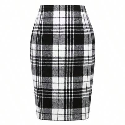 2025 Women's Plaid Wool Blend Pencil Skirt, High Waist Bodycon Midi Skirt, Classic Checkered Work Office Casual Winter Skirt With Multiple Patterns
