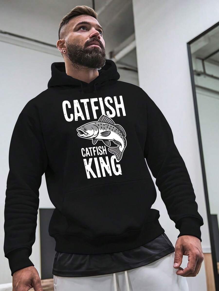 Sudadera Casual para Hombre Catfish King - Cómoda Sudadera de Invierno con Estampado de Moda, Manga Larga, Ajuste Regular, Perfecta para Otoño e Invierno, Ropa Catfish - Negro - Ver 1
