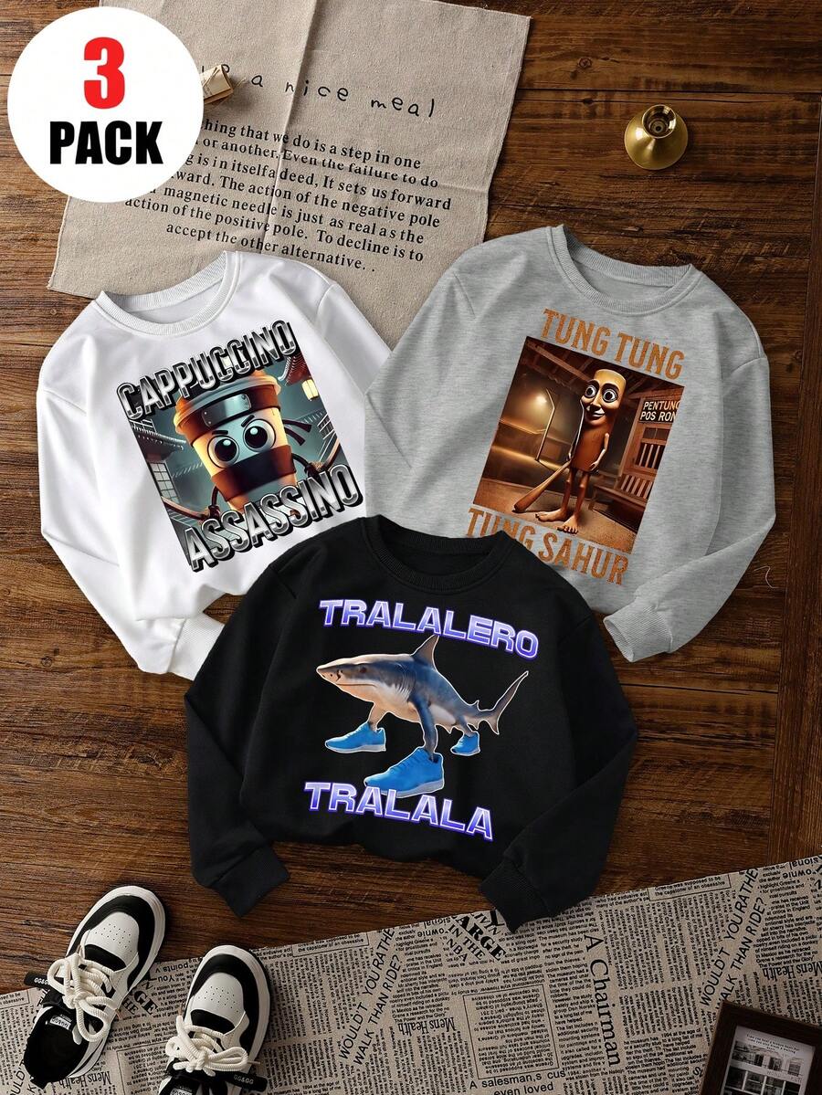 3pcs/Set Boys Casual Shanhaijing Character Printed Pullover Crew Neck Sweatshirts, Autumn/Winter Student Young Streetwear Long Sleeve Tops - The Ultimate Crew Neck Sweatshirt Series For Every Young Trendsetter