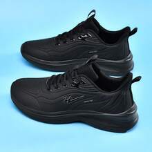 男士休闲鞋，纯色系带运动鞋，户外四季皮革运动鞋，多功能软底跑鞋 - 黑色 - 查看 4