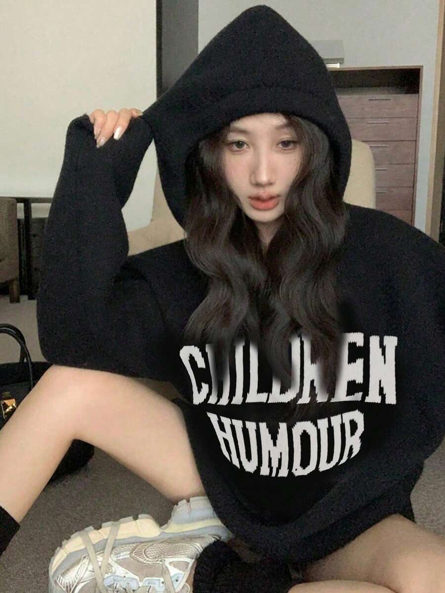 女式字母刺绣厚连帽毛衣，休闲宽松修身针织套头衫 - 黑色 - 查看 1