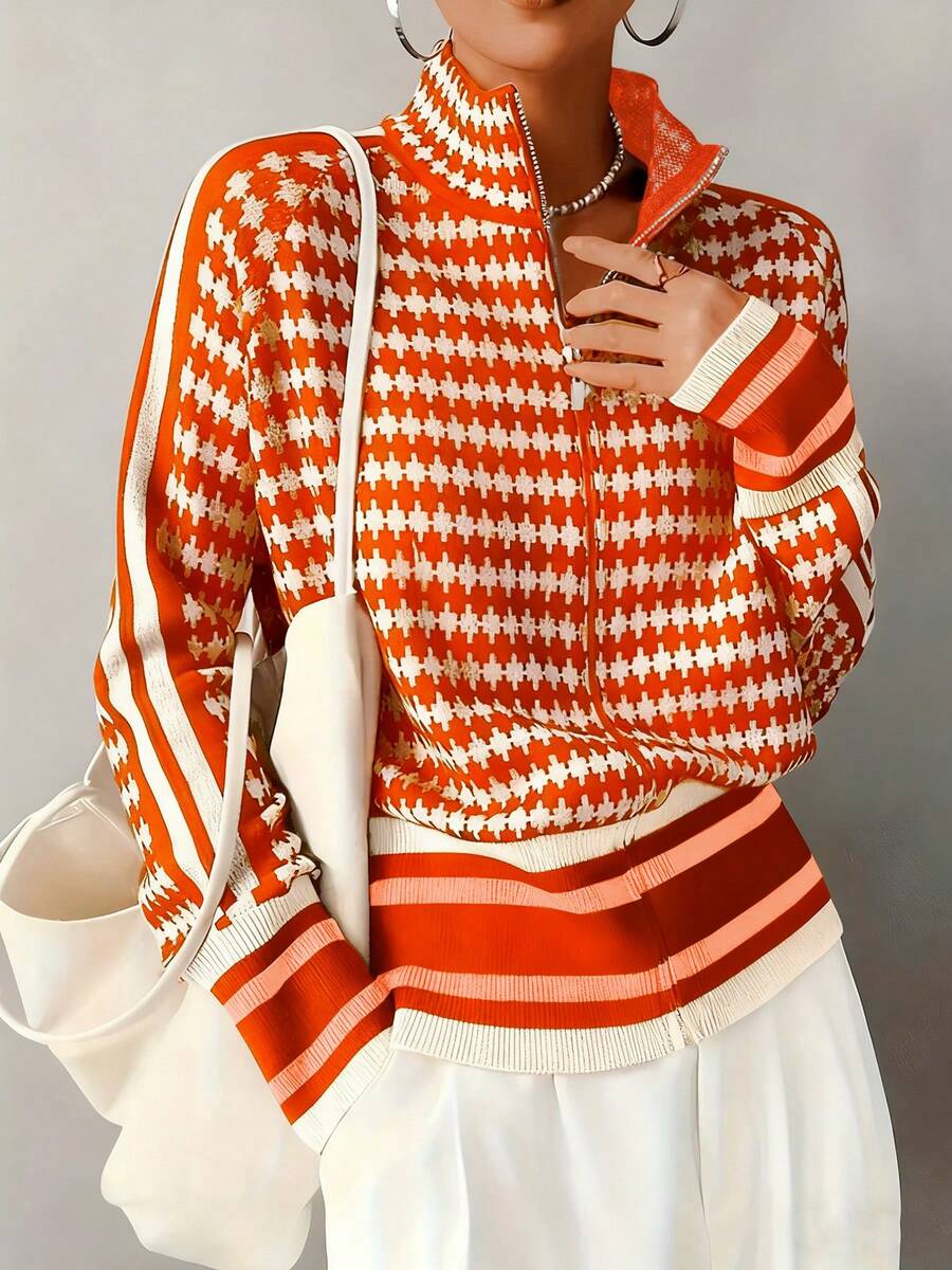 Geometric Pattern Zip-Up Knit Stand Collar Cardigan