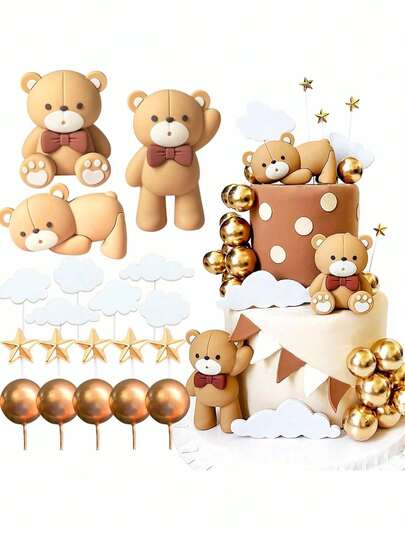 19pcs Cute Bear Cake Decorations, Including Crawling, Standing And Sitting Bears, White Cloud & Star Cake Toppers, Gender Reveal, Birthday Party, Christmas Decor, Soft Plastic Bears, Reusable Room Decor (Do Not Directly Contact Cake, Please Use With Tray And White Tube).