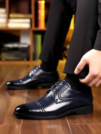 Men's Brogue Dress Shoes, Carved Leather, Fashion Breathable Genuine Leather Business Formal Oxford Shoes For Wedding