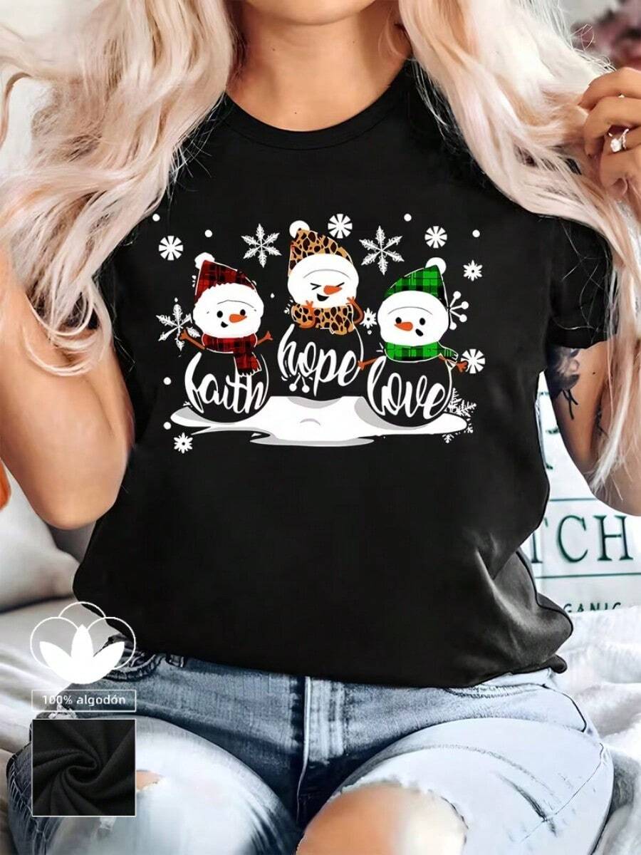 Camiseta navideña informal para mujer, 100% algodón, con estampado de muñeco de nieve navideño, cómoda camiseta de manga corta y cuello redondo, adecuada para primavera y verano, fiestas navideñas y para usar en invierno, adecuada para cualquier ocasión, color liso, estilo informal, fiesta de Navidad, reunión familiar, uso diario. - Negro - Ver 1