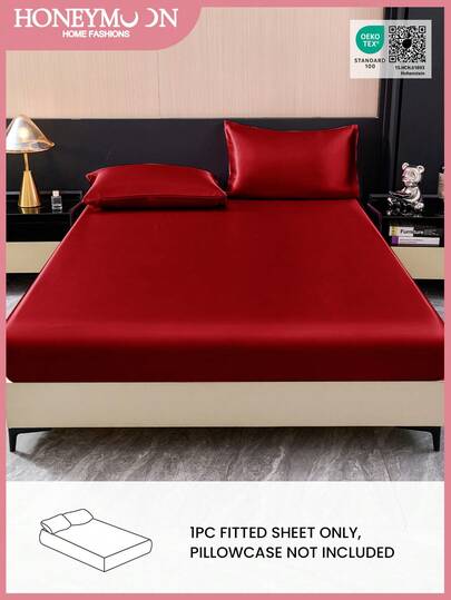1pc Plain Satin Fitted Sheet, Silk Fitted Fitted Sheet, Twin Full Queen King Size Without Filler, 9.8inch/25cm Deep Pocket, Breathable Soft And Silky Bedding Fitted Sheet Only, Mattress Protector Cover. For Home Bedding And School Bedding Dorm Essentials, Oeko-Tex Certified, Red