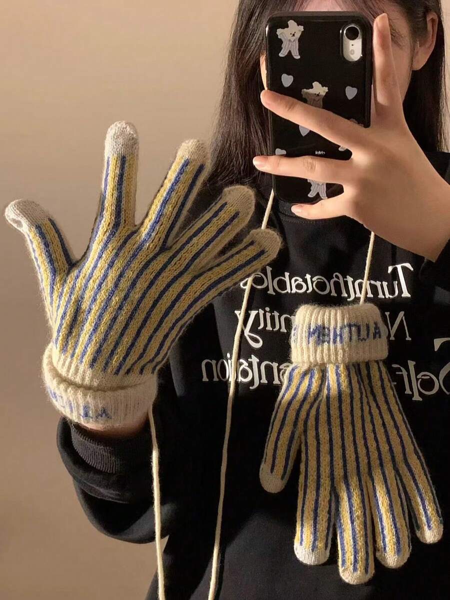 1 双女士复古条纹针织手套,保暖内衬触屏打字手套,适合冬季使用,可用于聚会、驾驶、游戏、骑行、徒步旅行和写作。 - 彩色 - 查看 1