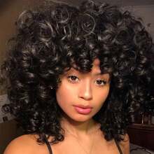 14" Black Curly Wig With Bangs - Big Bouncy Full Fluffy | Heat Resistant Synthetic | Daily Use Easy To Wear Beginner Friendly - 黑色 - 查看 1