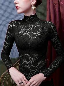 2025 Autumn Stand Collar Lace Undershirt Women, Mesh Slim Fit Stand Collar Fashionable Top Casual Vacation - Black - View 3