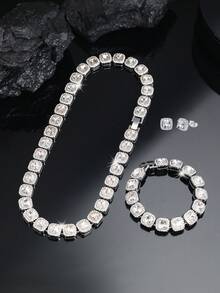 3pcs/Set Men Christmas Gifts,Iced Out Square Stone Necklace Jewelry Set,Hip Hip Style With Matched Bracelet And Earrings,Men's Jewelry Copper Stud Earrings Cuban Chain Gift For Best Friends,Christmas Day - Style a - View 1