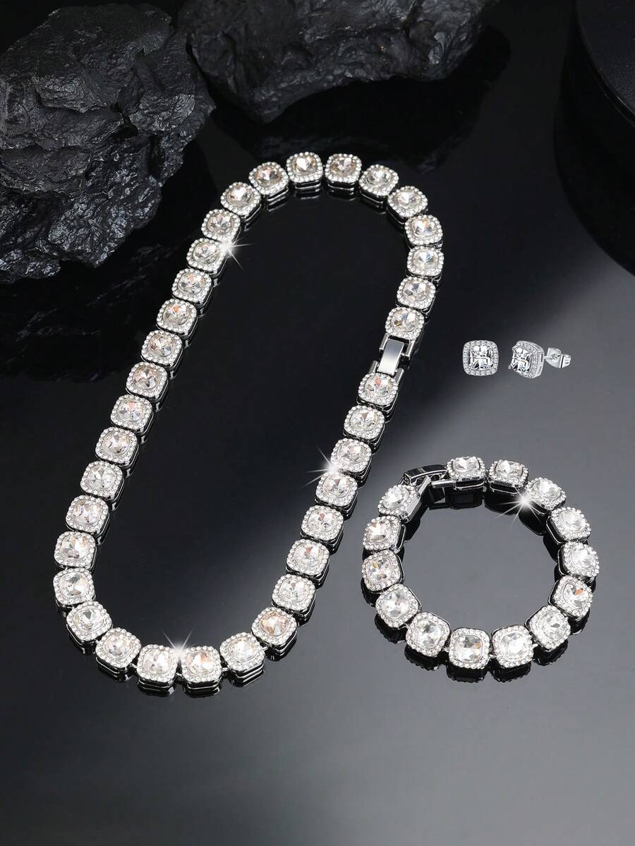 3pcs/Set Men Christmas Gifts,Iced Out Square Stone Necklace Jewelry Set,Hip Hip Style With Matched Bracelet And Earrings,Men's Jewelry Copper Stud Earrings Cuban Chain Gift For Best Friends,Christmas Day - Style a - View 1