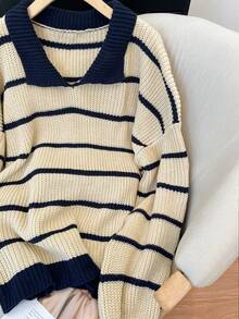 Plus-Size Collegiate-Style Striped Knit Pullover Sweater, Drop-Shoulder Long Sleeves, Ribbed Details, Super Loose Pullover Knit Design - Khaki - View 9