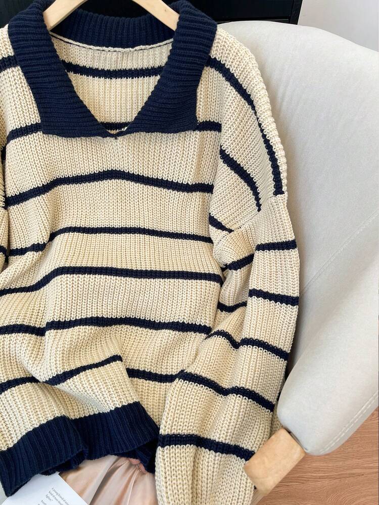 Plus-Size Collegiate-Style Striped Knit Pullover Sweater, Drop-Shoulder Long Sleeves, Ribbed Details, Super Loose Pullover Knit Design - Khaki - View 9