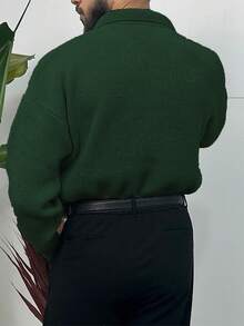 男士加大码休闲Polo领长袖针织衫，适合秋冬季穿着 - 綠色 - 查看 4