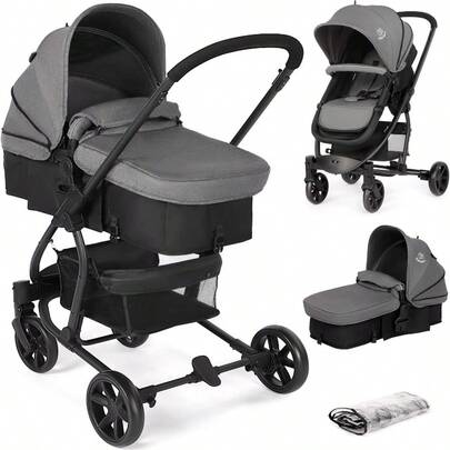 Pram 2-In-1 Travel System, Foldable Baby Pushchair With Rain Cover, Reclinable Reversible Pushchair Seat And Carrycot From Birth, Buggy With Lying Function For Newborn To Toddler-Black & Grey