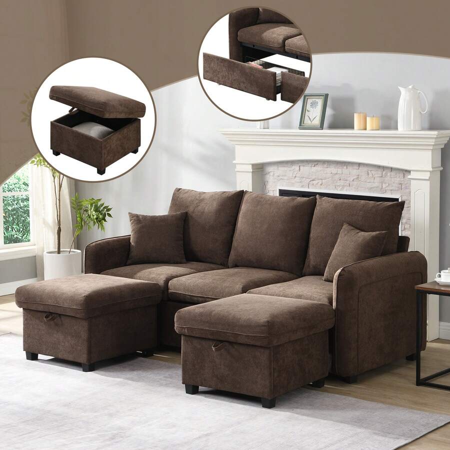 Multifunctional Corner Sofa U-Shaped Three-Seater Upholstered Sofa With Storage Function – Including Drawers + Stool With Storage Compartment, Modular Disassembly Sofa Set With Sleeping Function, Chenille Cover - màu nâu - Xem 1